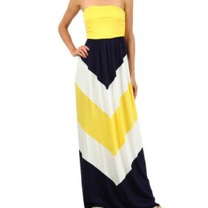 Navy Yellow Chevron Strapless Maxi Dress Stretch